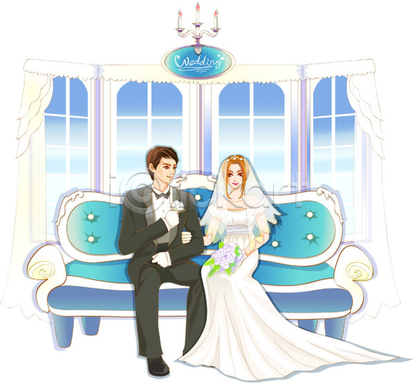 로맨틱 남자 두명 사람 여자 EPS 일러스트 결혼 결혼식 소파 신랑 신부(웨딩) 실내 웨딩드레스 정장 창문 촛대 커튼 커플 턱시도