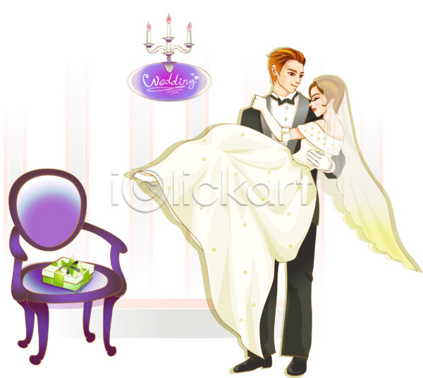 로맨틱 사랑 남자 두명 사람 여자 EPS 일러스트 결혼 결혼식 부케 선물 신랑 신부(웨딩) 실내 웨딩드레스 의자 정장 촛대 커플 턱시도