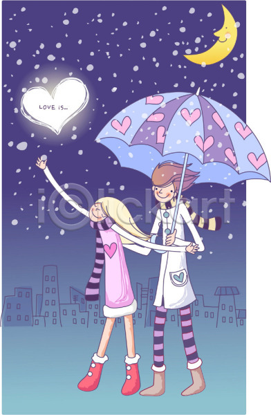 로맨틱 사랑 남자 두명 사람 여자 EPS 일러스트 감정 겨울 계절 눈(날씨) 달 데이트 야간 야외 연애 우산 커플