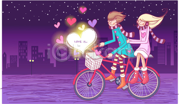 로맨틱 사랑 남자 두명 사람 여자 EPS 일러스트 감정 겨울 데이트 야간 야외 자전거 커플
