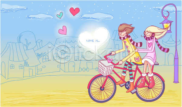 로맨틱 사랑 남자 두명 사람 여자 EPS 일러스트 감정 겨울 데이트 야외 연애 자전거 커플
