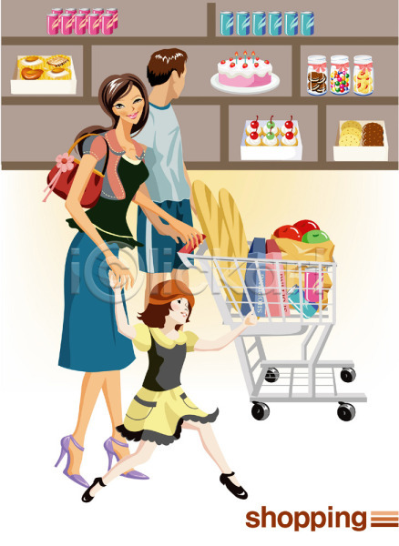 남자 두명 사람 성인 어린이 여자 EPS 일러스트 가족 마트 상점 서기 쇼핑 슈퍼 시장 장 장보기 전신 카트
