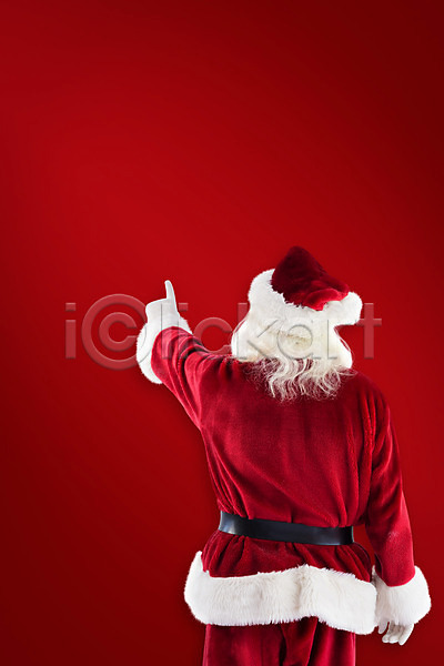 남자 노년 노인남자한명만 한명 JPG 뒷모습 포토 해외이미지 가리킴 빨간색 산타클로스 상반신 크리스마스 해외202004