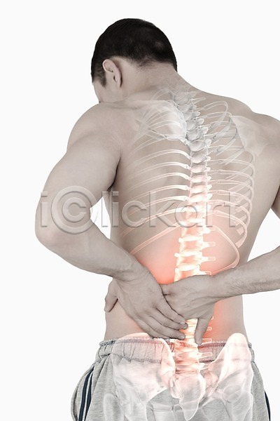 고통 20대 남자 한명 JPG 포토 해외이미지 골격 몸통 백그라운드 보여주기 빨간색 뼈 신체 요통 질병 척추 해외202004
