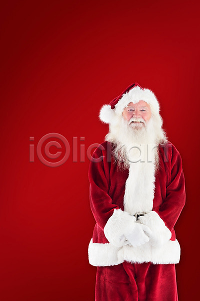 남자 노년 노인남자한명만 한명 JPG 앞모습 포토 해외이미지 빨간색 산타클로스 상반신 손모으기 크리스마스 해외202004