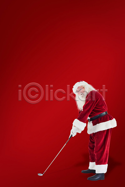 남자 노년 노인남자한명만 한명 JPG 옆모습 포토 해외이미지 골프 골프채 빨간색 산타클로스 전신 크리스마스 해외202004