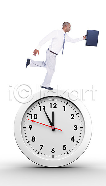 30대 남자 성인 한명 JPG 포토 해외이미지 달리기 비즈니스 비즈니스맨 서류가방 시간 시계 잡기 카운트다운 카피스페이스 해외202004 흰배경 흰색