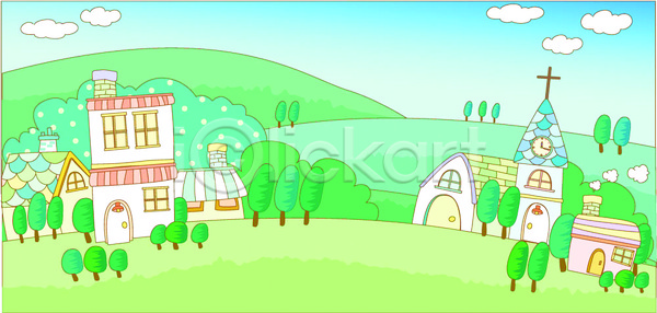 사람없음 EPS 일러스트 계절 교회 구름(자연) 마을 백그라운드 봄 사계절 야외 여름(계절) 자연 주간 주택 초원(자연) 풍경(경치) 하늘