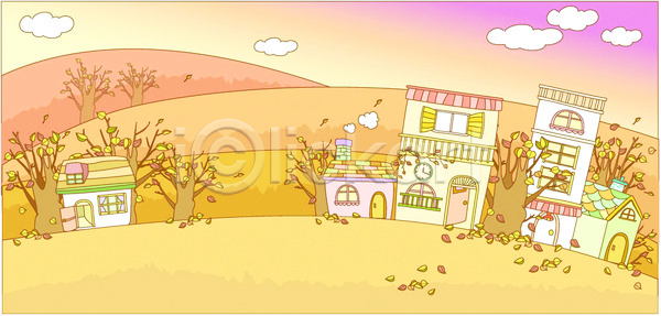 사람없음 EPS 일러스트 가을(계절) 가을배경 계절 구름(자연) 나무 낙엽 마을 백그라운드 사계절 야외 자연 주간 주택 주황색 컬러 풍경(경치)
