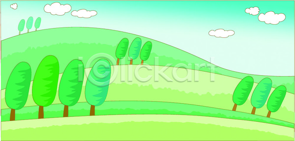 사람없음 EPS 일러스트 계절 구름 국내일러스트 나무 백그라운드 봄 사계절 야외 여러그루 여름 자연 주간 초록색 초원 컬러 풍경 하늘