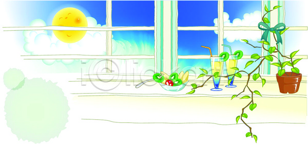 사람없음 EPS 일러스트 계절 과일 구름(자연) 백그라운드 봄 사계절 여름(계절) 음료 음식 자연 주간 주스 창가 창문 태양 풍경(경치) 해 화분