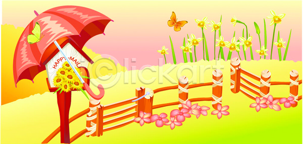 사람없음 EPS 일러스트 계절 나비 마을 백그라운드 봄 봄꽃 사계절 야외 우산 우체통 울타리 자연 풍경(경치)