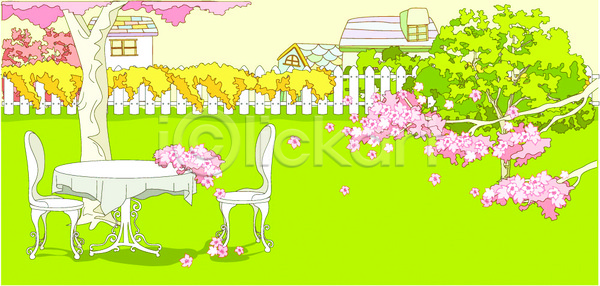 사람없음 EPS 일러스트 계절 나무 마을 백그라운드 벚꽃 봄 봄꽃 사계절 야외 의자 자연 정원 주간 탁자 풍경(경치)