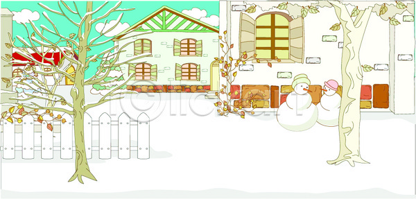 사람없음 EPS 일러스트 겨울 겨울배경 계절 나무 눈사람 마을 백그라운드 사계절 야외 울타리 자연 주간 주택 풍경(경치)
