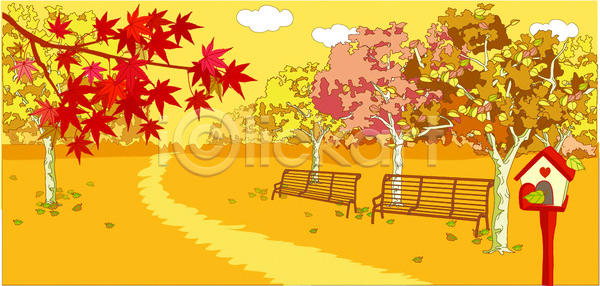 사람없음 EPS 일러스트 가을(계절) 가을배경 계절 공공시설 공원 길 단풍 단풍나무 마을 백그라운드 벤치 사계절 야외 우체통 자연 주간 풍경(경치)