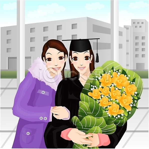 두명 사람 여자 여자만 EPS 일러스트 건물 꽃 꽃다발 대학교 대학생 상반신 서기 야외 졸업 졸업식 주간 팔짱 학사모 학생