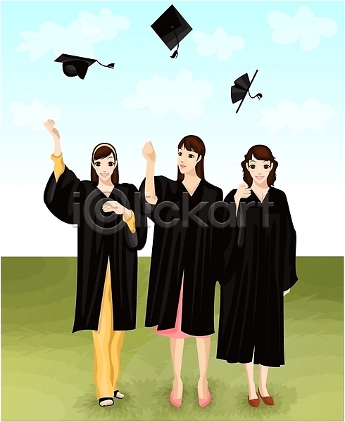 사람 세명 여자 여자만 EPS 일러스트 대학생 서기 야외 전신 졸업 졸업생 졸업식 주간 학사모 학생