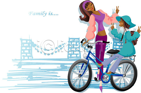 두명 사람 어린이 여자 여자만 EPS 일러스트 가정 가족 딸 모녀 소풍 야외 엄마 자전거 전신