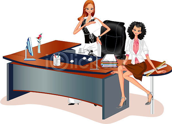 두명 사람 여자 여자만 EPS 일러스트 동료 비즈니스 비즈니스우먼 사무실 실내 책상 회사