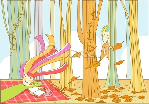 여유 휴식 남자 두명 사람 여자 EPS 일러스트 가을(계절) 계절 나무 낙엽 사계절 야외 자연 주간 차(음료) 책