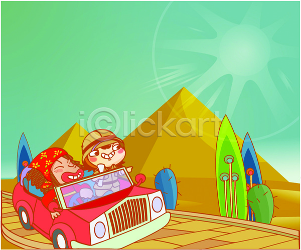 남자 남자만 두명 사람 소년 EPS 일러스트 도전 모험가 사막 선인장 세계문화유산 야외 여행 이집트 이집트문화 자동차 주간 태양 피라미드 휴가