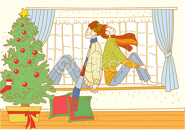 로맨틱 행복 남자 두명 사람 여자 EPS 일러스트 겨울 계절 기념일 사계절 실내 자연 종교 창문 창틀 커튼 커플 쿠션 크리스마스 크리스마스트리