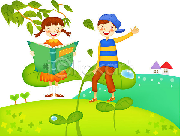 상상 희망 남자 두명 사람 여자 EPS 일러스트 교육 꿈 나뭇가지 나뭇잎 스쿨라이프 야외 주간 책 풀(식물)