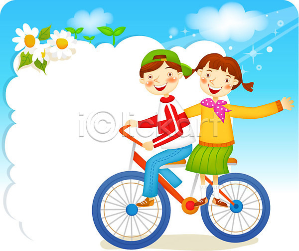 희망 남자 두명 사람 소년 여자 EPS 일러스트 교육 구름(자연) 꽃 꿈 빛 스쿨라이프 자전거