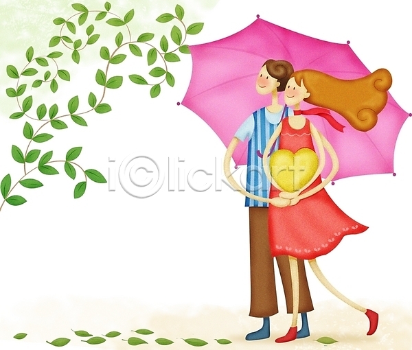 기쁨 로맨틱 사랑 행복 남자 두명 사람 여자 PSD 일러스트 감정 나뭇잎 데이트 야외 우산 커플 하트