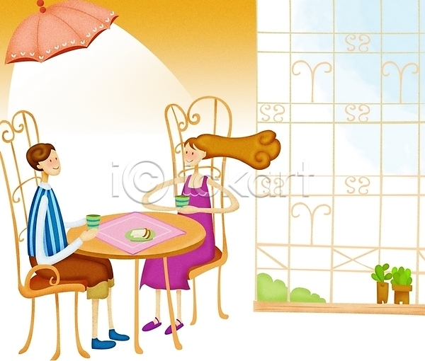 기쁨 로맨틱 사랑 행복 남자 두명 사람 여자 PSD 일러스트 감정 데이트 실내 의자 조명 주간 차(음료) 커플 탁자 화분