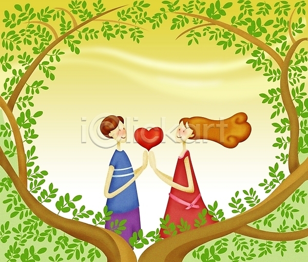 로맨틱 사랑 행복 남자 두명 사람 여자 PSD 일러스트 감정 나무 나뭇잎 커플