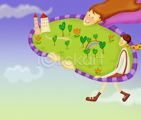 로맨틱 사랑 행복 남자 두명 사람 여자 PSD 일러스트 감정 건물 나무 동산 무지개 울타리 커플 하늘