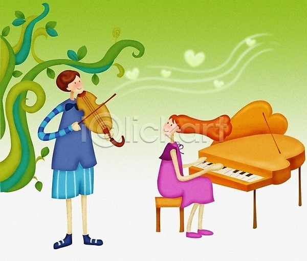 로맨틱 사랑 행복 남자 두명 사람 여자 PSD 일러스트 감정 건반 건반악기 데이트 바이올린 악기 연주 커플 피아노(악기) 현악기