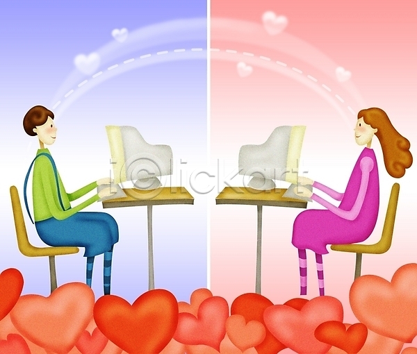 로맨틱 사랑 소통 남자 두명 사람 여자 PSD 일러스트 감정 의자 채팅 커플 컴퓨터 탁자 하트