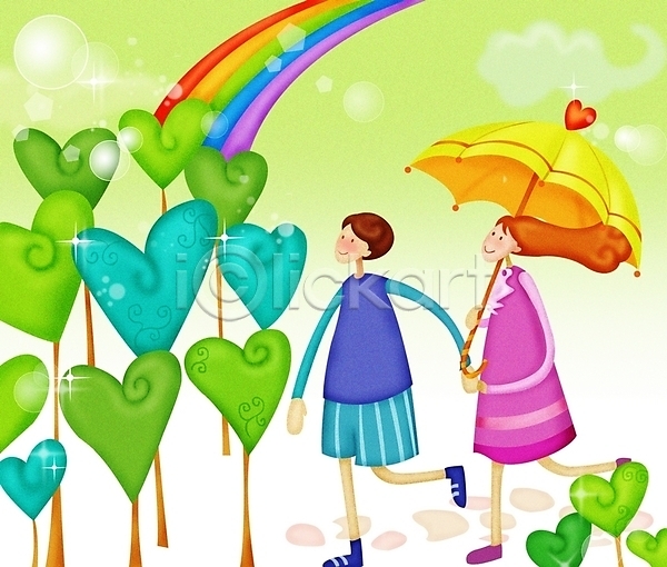 기쁨 로맨틱 사랑 행복 남자 두명 사람 여자 PSD 일러스트 감정 그린데이 무지개 소서 우산 커플 하트
