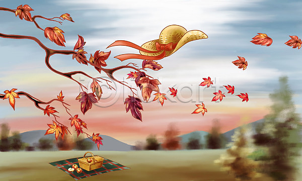 사람없음 PSD 일러스트 가을(계절) 가을배경 계절 나무 나뭇가지 낙엽 단풍 모자(잡화) 바구니 바람 백그라운드 사계절 산 소풍 야외 자연 잡화 중절모 클로슈 페인터 풍경(경치) 피크닉용품