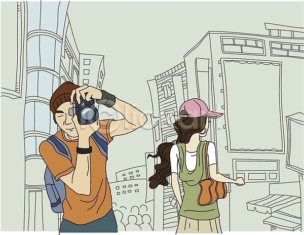 휴식 남자 두명 사람 여자 EPS 일러스트 건물 도시 라이프 라이프스타일 야외 촬영 취미 카메라