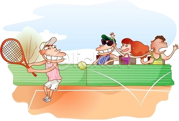 남자 사람 여러명 여자 EPS 일러스트 계절 구기 라이프스타일 레포츠 스포츠 야외 여름(계절) 운동 주간 취미 테니스