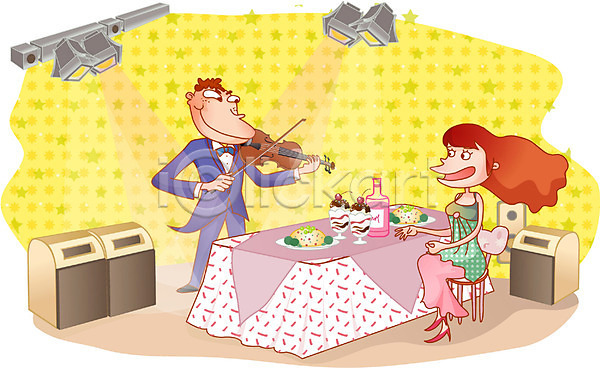 로맨틱 남자 두명 사람 여자 EPS 일러스트 데이트 라이프스타일 레스토랑 바이올린 식당 식사 실내 연주 외식 음식 이벤트 조명 취미 커플 현악기