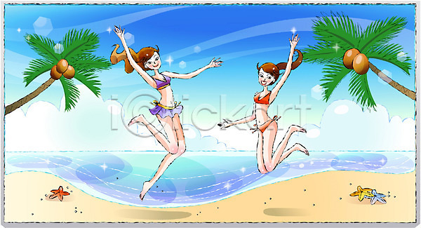 두명 사람 여자 여자만 EPS 일러스트 라이프 바다 바캉스 비키니 수영복 야외 여름휴가 여행 우먼라이프 주간 취미 하늘 해변 휴가 휴양지
