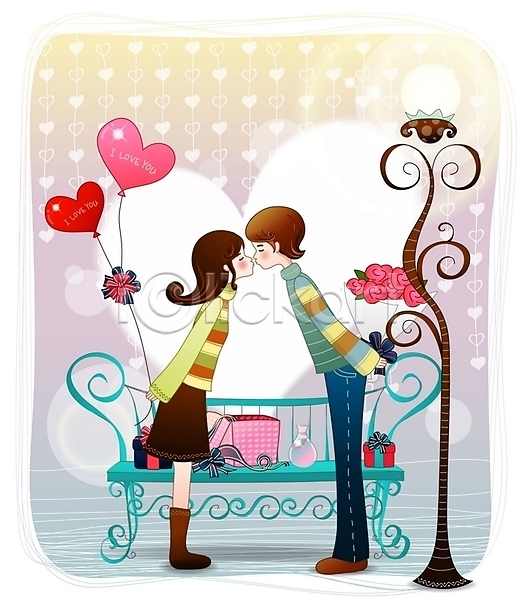 로맨틱 사랑 남자 두명 사람 여자 EPS 일러스트 가로등 감정 꽃다발 데이트 선물 성년의날 의자 커플 키스 풍선 하트 향수