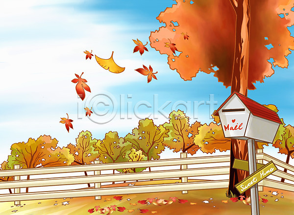 사람없음 PSD 일러스트 가을(계절) 가을배경 계절 나무 낙엽 단풍 백그라운드 사계절 식물 야외 우체통 울타리 자연 주간 페인터 풍경(경치)