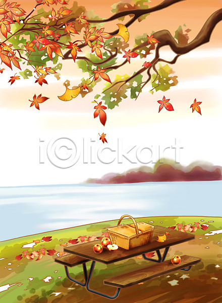 사람없음 PSD 일러스트 가을(계절) 가을배경 강 계절 나무 낙엽 단풍 백그라운드 사계절 소풍 야외 의자 자연 탁자 페인터 풍경(경치)