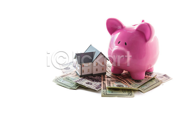 투자 사람없음 JPG 포토 해외이미지 경제 달러 대출 돈 돼지저금통 미니어처 부동산 분홍색 시장 재산 저축 주택 컨셉 해외202004 흰배경