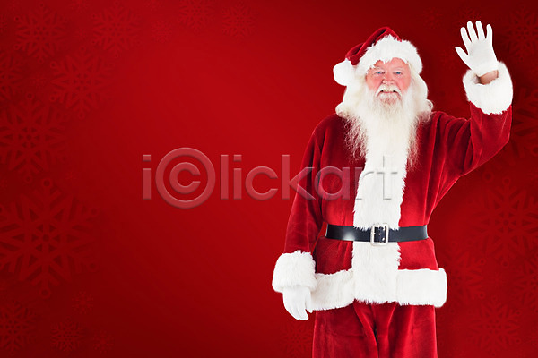 남자 노년 노인남자한명만 한명 JPG 앞모습 포토 해외이미지 빨간색 산타클로스 상반신 손인사 크리스마스 해외202004