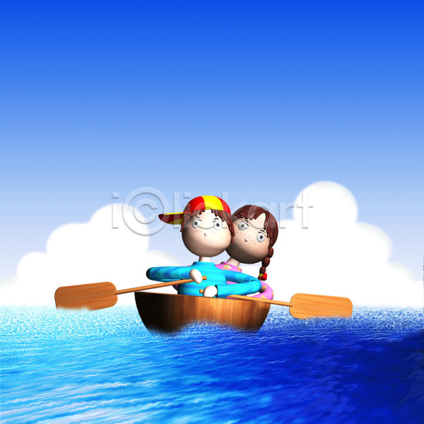 남자 두명 사람 소녀(어린이) 소년 어린이 어린이만 여자 3D JPG 일러스트 구름(자연) 꿈 노(배의노) 노젓기 도전 동화나라 바다 배(교통) 애니메이션 야외 여행 주간 캐릭터 컴퓨터그래픽 하늘 항해