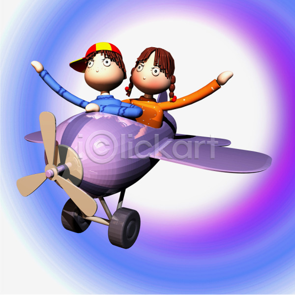 남자 두명 사람 소녀(어린이) 소년 어린이 어린이만 여자 3D JPG 일러스트 동화나라 비행 비행기 애니메이션 캐릭터 컴퓨터그래픽