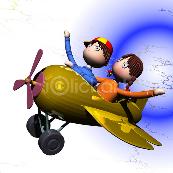 남자 두명 사람 소녀(어린이) 소년 어린이 어린이만 여자 3D JPG 일러스트 동화나라 비행 비행기 애니메이션 캐릭터 컴퓨터그래픽