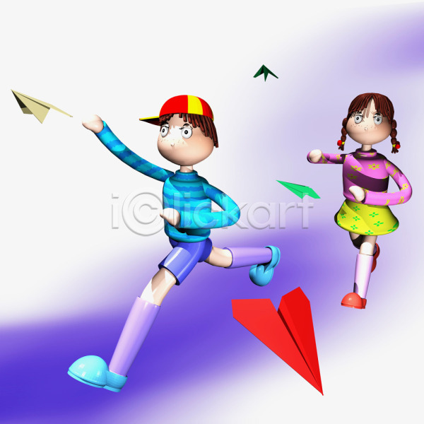 남자 두명 사람 소녀(어린이) 소년 어린이 어린이만 여자 3D JPG 일러스트 동화나라 애니메이션 종이비행기 주간 캐릭터 컴퓨터그래픽