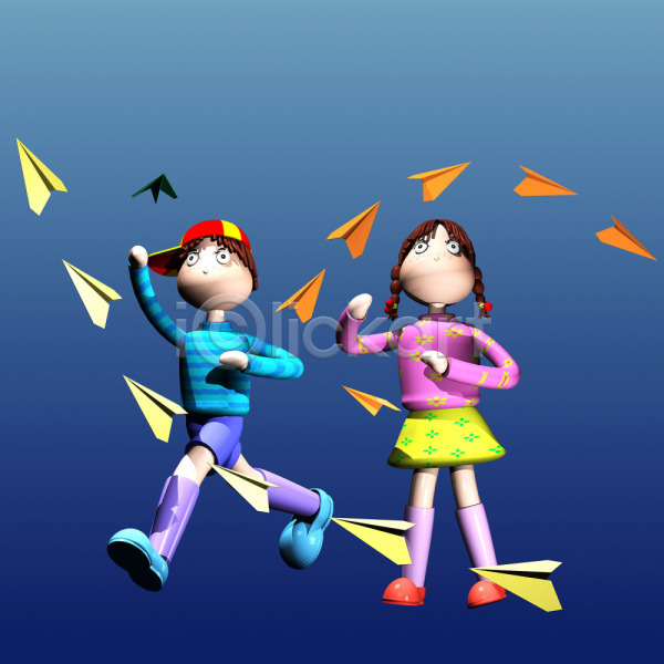 남자 두명 사람 소녀(어린이) 소년 어린이 어린이만 여자 3D JPG 일러스트 동화나라 애니메이션 종이비행기 캐릭터 컴퓨터그래픽